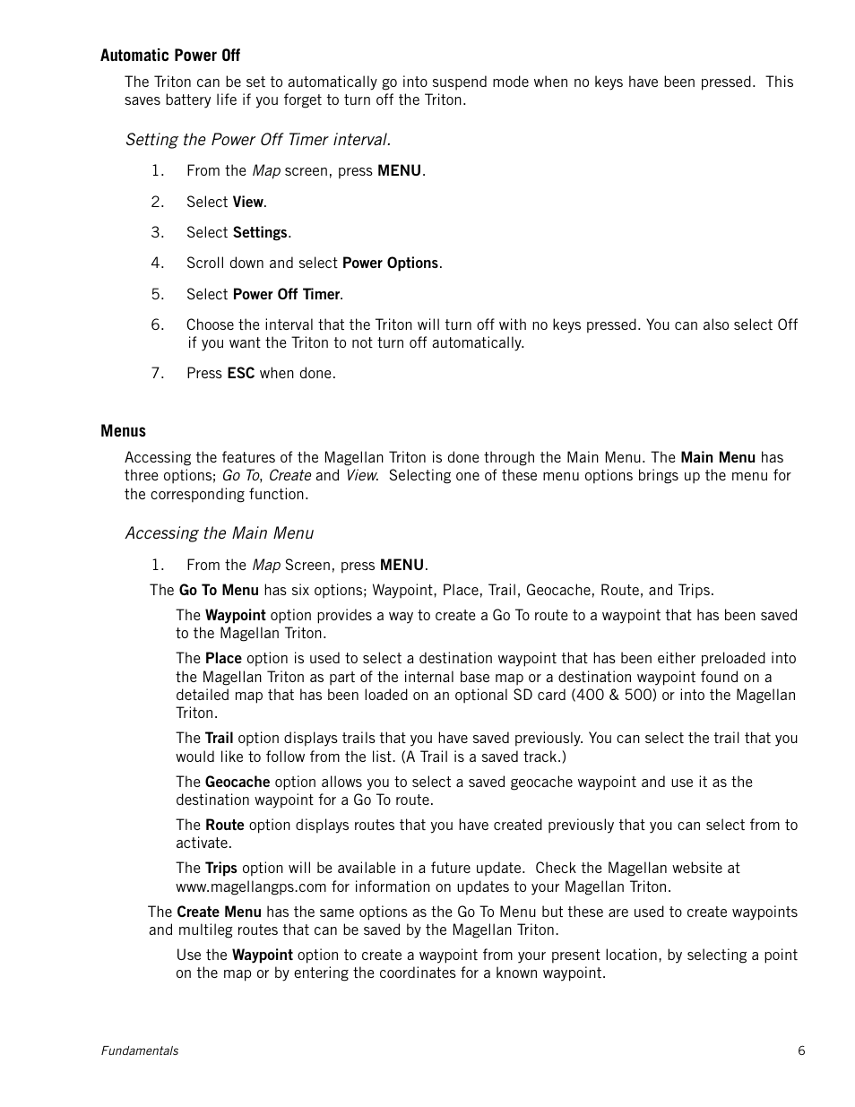 Automatic power off, Setting the power off timer interval, Menus | Accessing the main menu | Magellan RoadMate 500 User Manual | Page 14 / 65