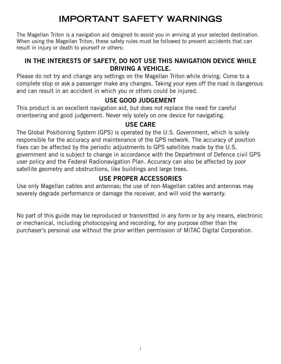 Important safety warnings | Magellan RoadMate 500 User Manual | Page 2 / 65