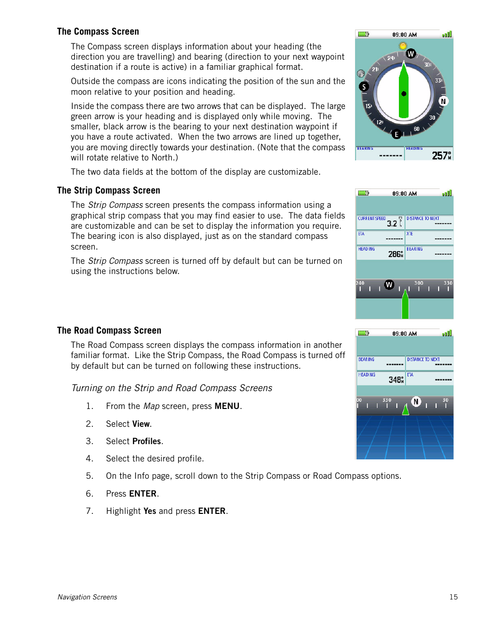 The compass screen, The strip compass screen, The road compass screen | Turning on the strip and road compass screens | Magellan RoadMate 500 User Manual | Page 23 / 65