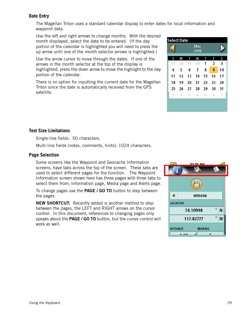 Date entry, Text size limitations | Magellan RoadMate 500 User Manual | Page 37 / 65