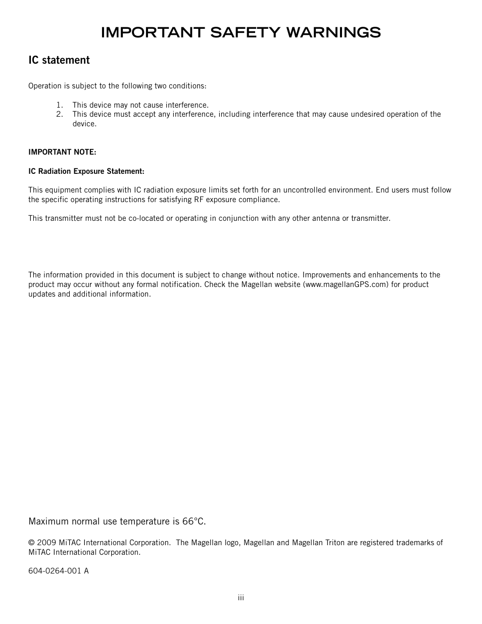 Ic statement, This device may not cause interference, Important safety warnings | Magellan RoadMate 500 User Manual | Page 4 / 65