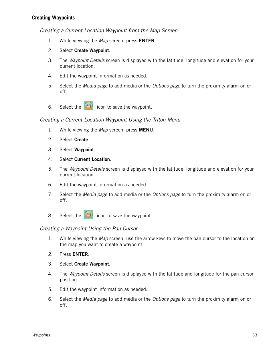 Creating waypoints, Creating a waypoint using the pan cursor | Magellan RoadMate 500 User Manual | Page 41 / 65