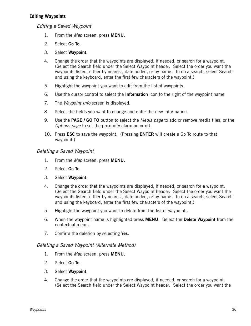 Editing waypoints, Editing a saved waypoint, Deleting a saved waypoint | Deleting a saved waypoint (alternate method) | Magellan RoadMate 500 User Manual | Page 44 / 65