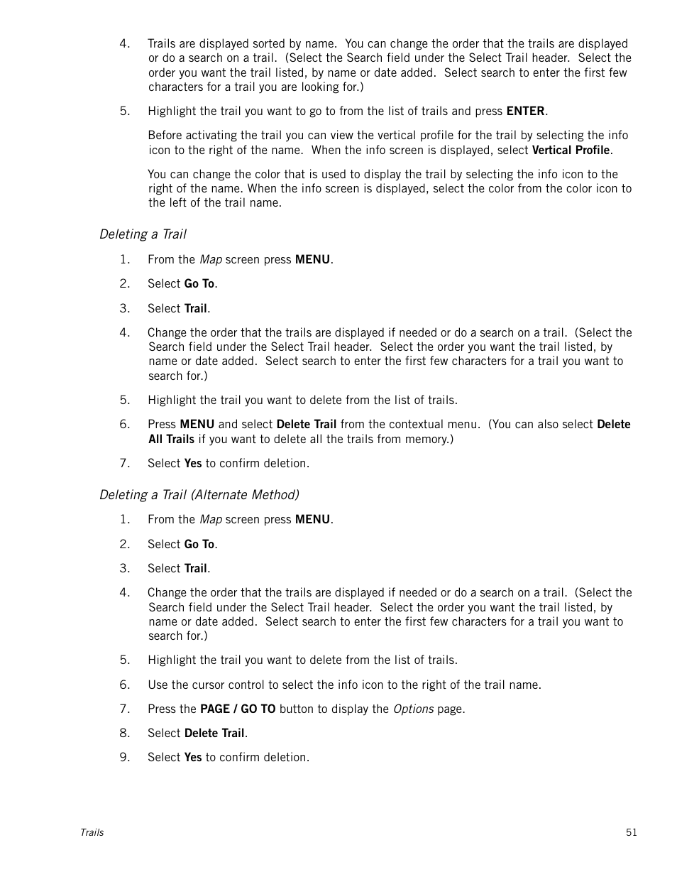 Deleting a trail, Deleting a trail (alternate method) | Magellan RoadMate 500 User Manual | Page 59 / 65