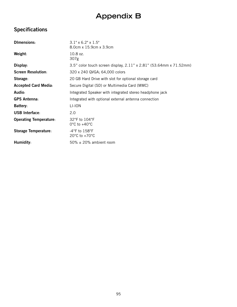 Specifications, Appendix b | Magellan 800 User Manual | Page 102 / 107