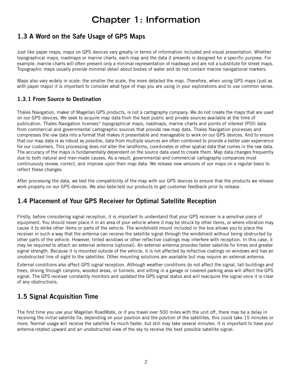 3 a word on the safe usage of gps maps, 1 from source to destination, 5 signal acquisition time | A word on the safe usage of gps maps, From source to destination, Chapter 1: information | Magellan 800 User Manual | Page 11 / 107