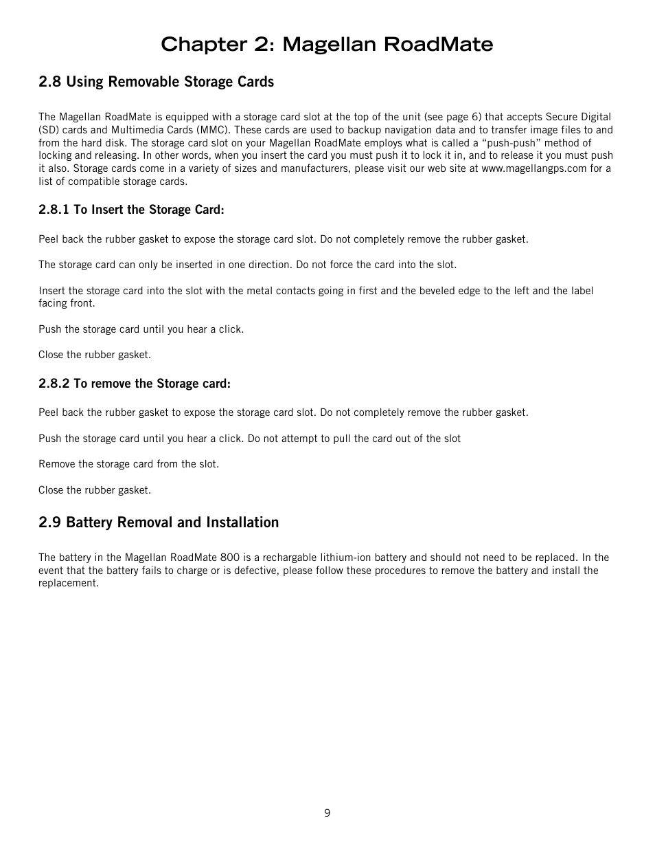 8 using removable storage cards, 1 to insert the storage card, 2 to remove the storage card | 9 battery removal and installation, Using removable storage cards, Battery removal and installation, Chapter 2: magellan roadmate | Magellan 800 User Manual | Page 18 / 107