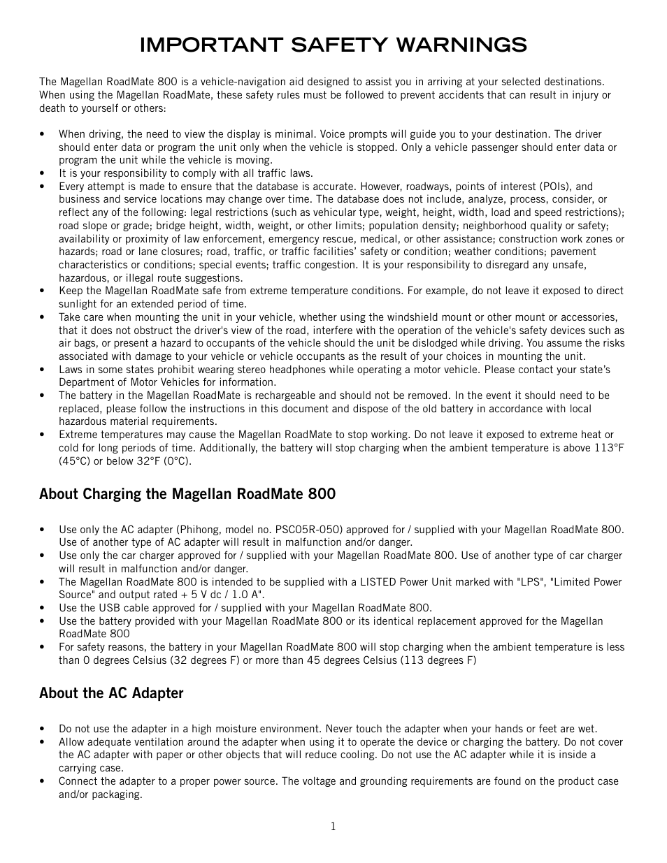 Important safety warnings, About charging the magellan roadmate 800, About the ac adapter | Magellan 800 User Manual | Page 2 / 107