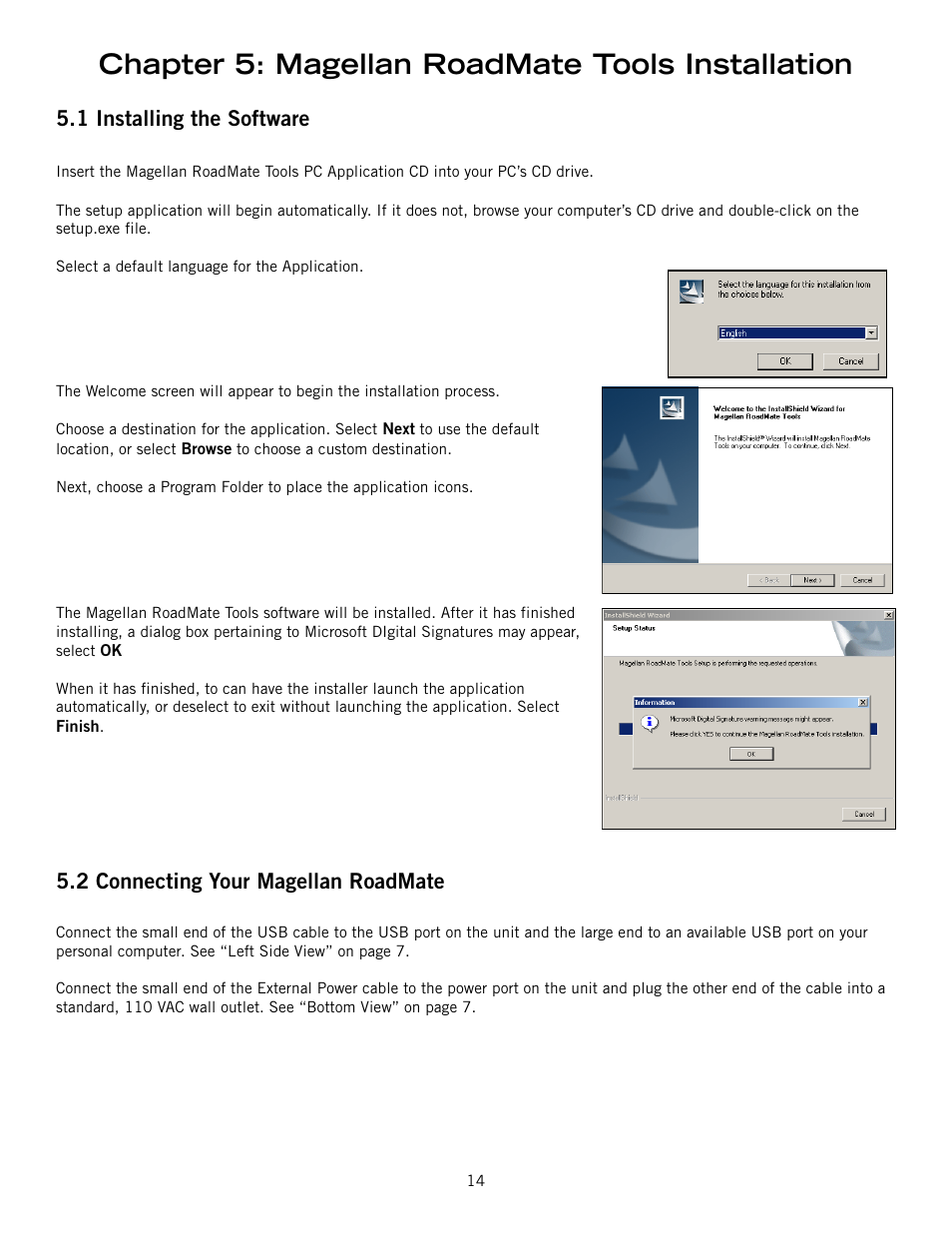 Chapter 5: magellan roadmate tools installation, 1 installing the software, 2 connecting your magellan roadmate | Magellan 800 User Manual | Page 23 / 107