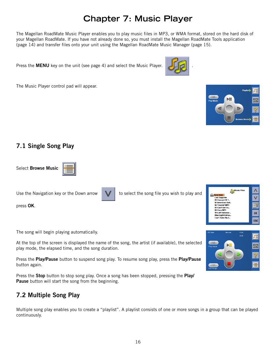 Chapter 7: music player, 1 single song play, 2 multiple song play | Single song play multiple song play | Magellan 800 User Manual | Page 25 / 107