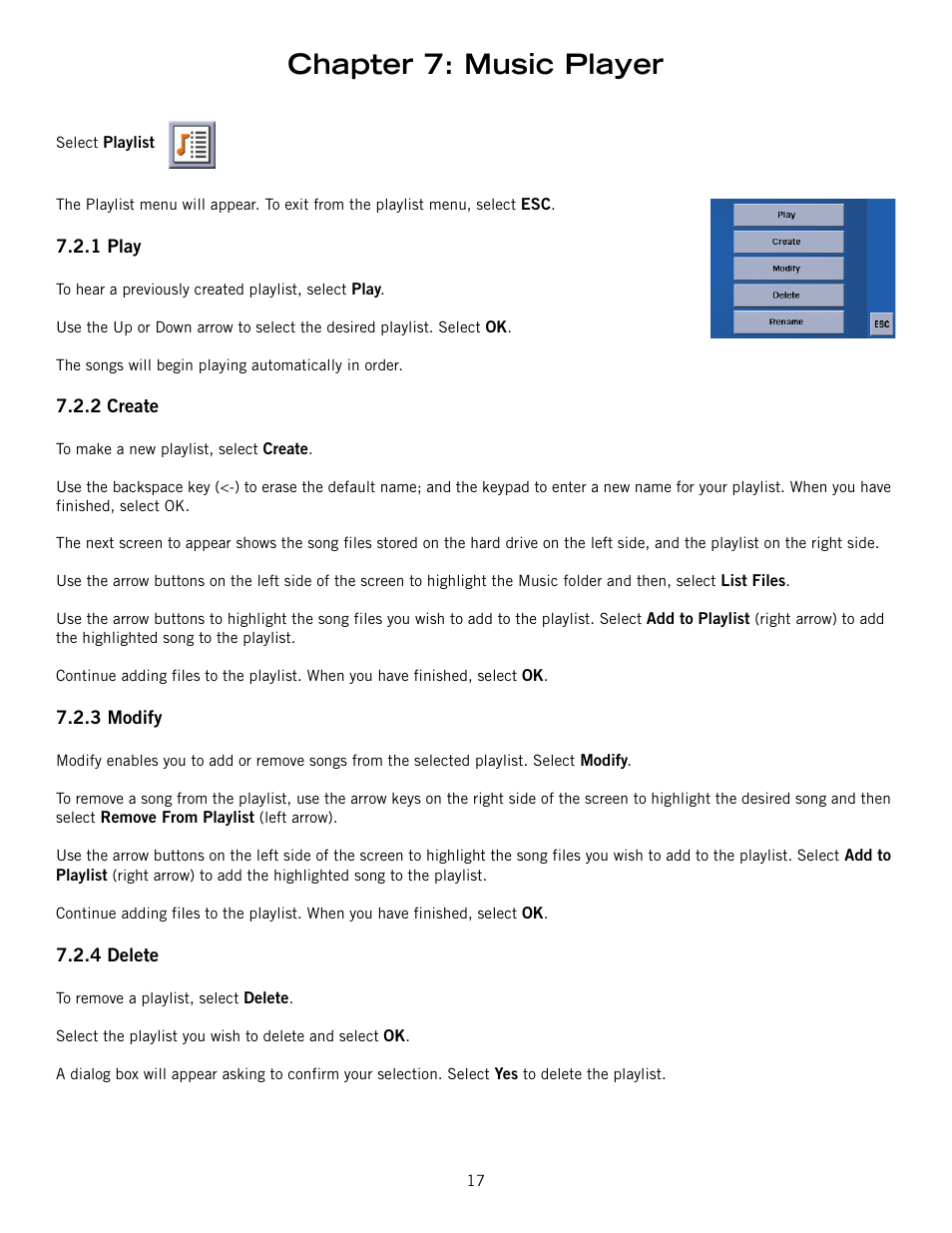 1 play, 2 create, 3 modify | 4 delete, Play create modify delete, Chapter 7: music player | Magellan 800 User Manual | Page 26 / 107