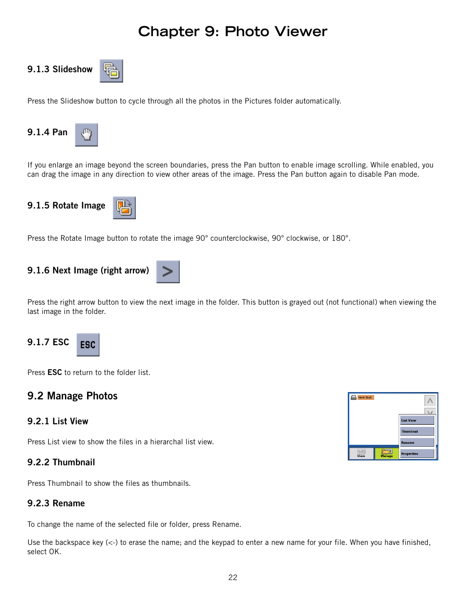 3 slideshow, 4 pan, 5 rotate image | 6 next image (right arrow), 7 esc, 2 manage photos, 1 list view, 2 thumbnail, 3 rename, Slideshow pan | Magellan 800 User Manual | Page 31 / 107
