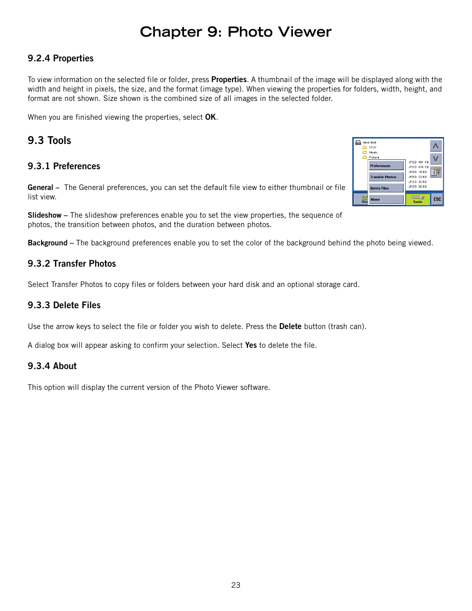 4 properties, 3 tools, 1 preferences | General, Slideshow, Background, 2 transfer photos, 3 delete files, 4 about, Properties | Magellan 800 User Manual | Page 32 / 107