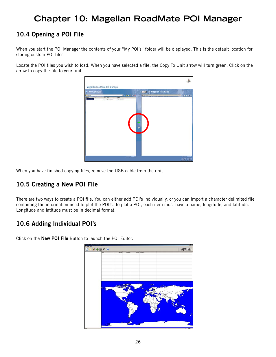 4 opening a poi file, 5 creating a new poi file, 6 adding individual poi’s | Chapter 10: magellan roadmate poi manager | Magellan 800 User Manual | Page 35 / 107