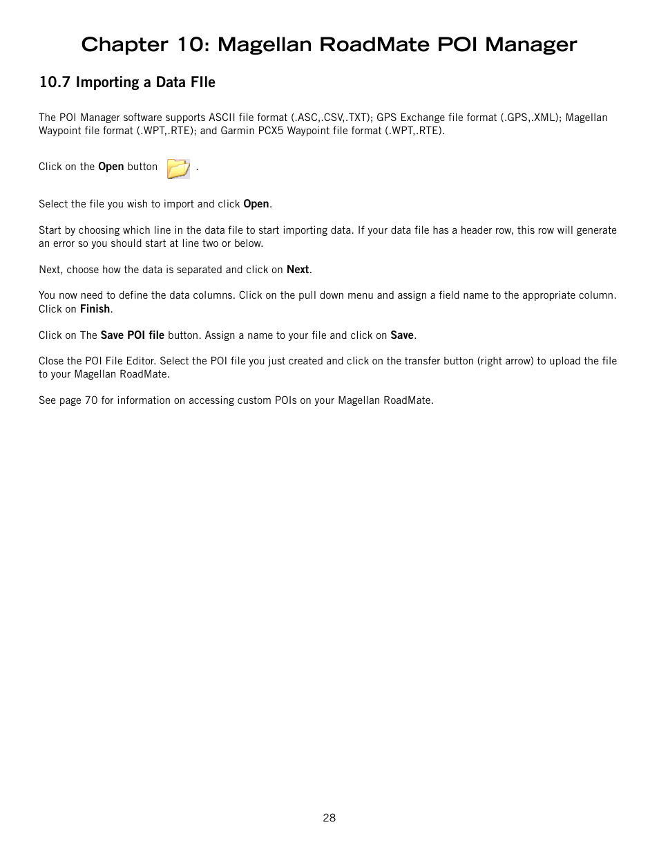 7 importing a data file, Importing a data file, Chapter 10: magellan roadmate poi manager | Magellan 800 User Manual | Page 37 / 107