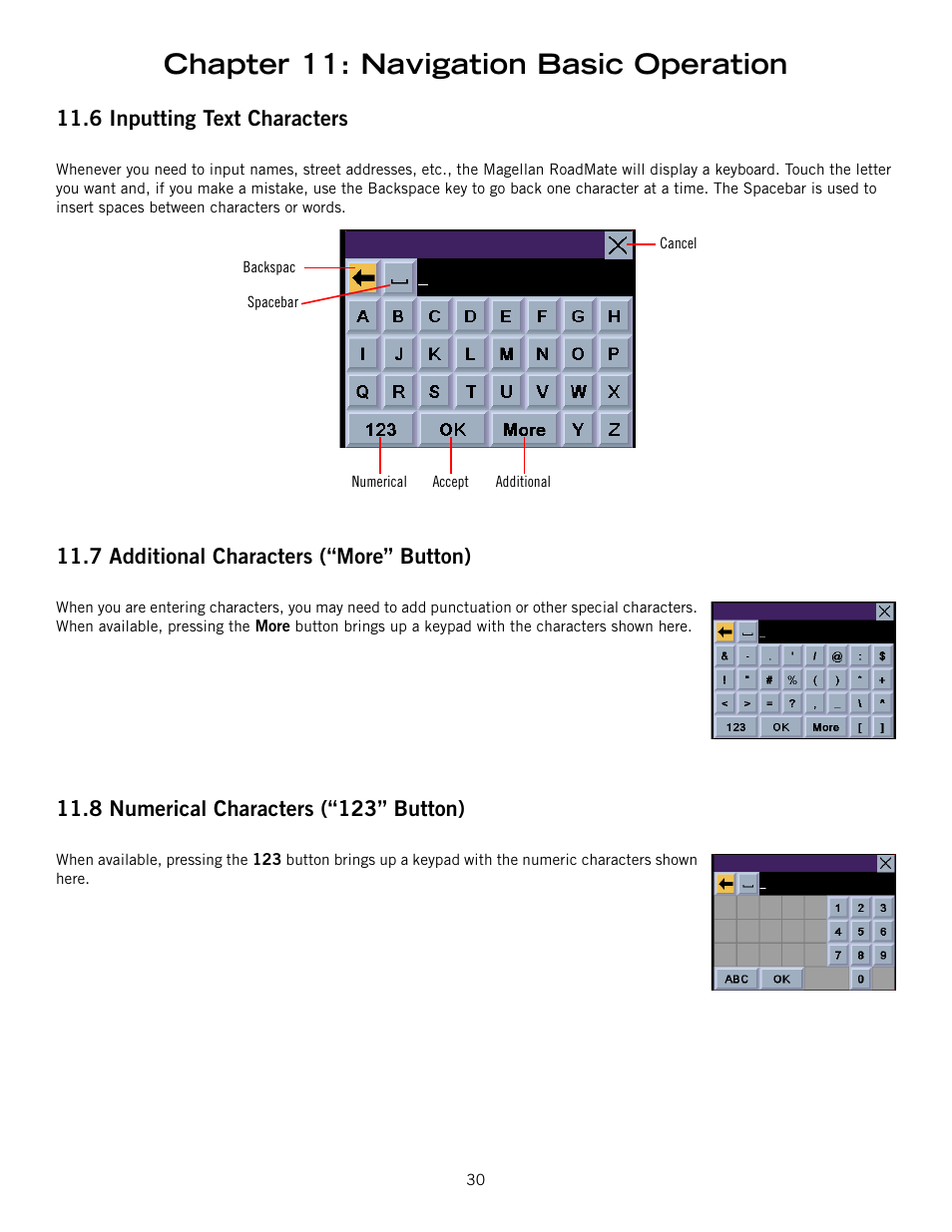 6 inputting text characters, 7 additional characters (“more” button), 8 numerical characters (“123” button) | Chapter 11: navigation basic operation | Magellan 800 User Manual | Page 39 / 107