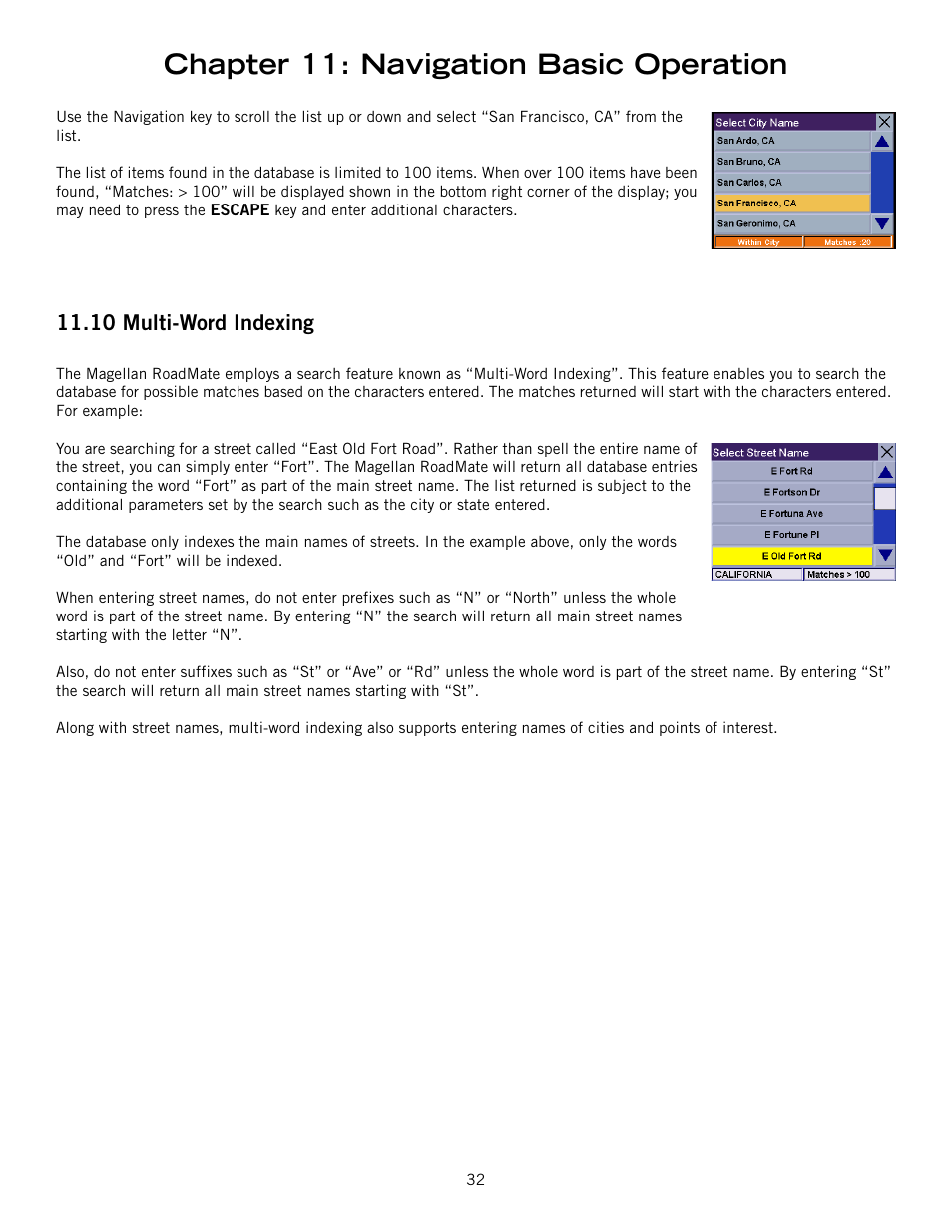 10 multi-word indexing, Multi-word indexing, Chapter 11: navigation basic operation | Magellan 800 User Manual | Page 41 / 107