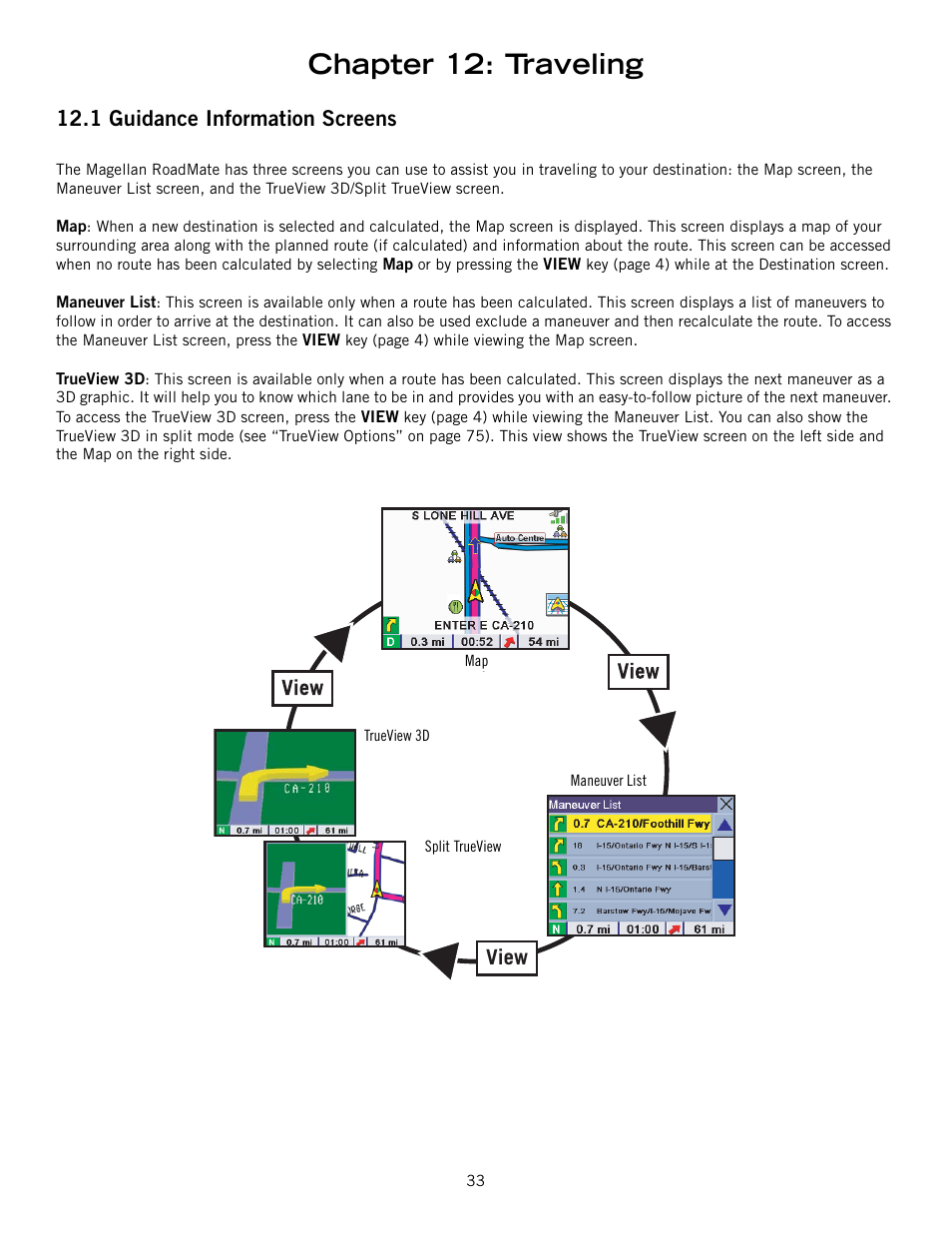 Chapter 12: traveling, 1 guidance information screens, Guidance information screens | View | Magellan 800 User Manual | Page 42 / 107