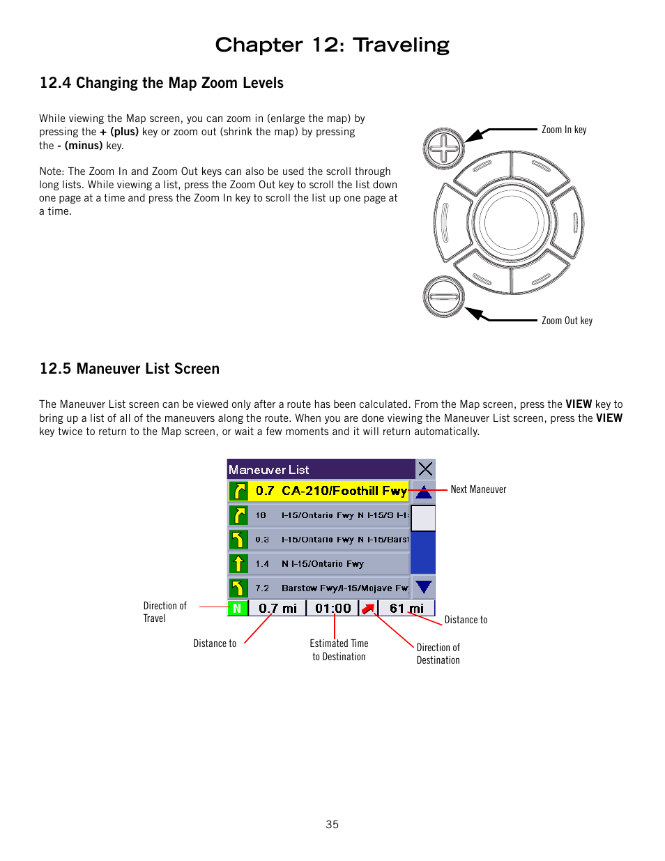 4 changing the map zoom levels, 5 maneuver list screen, Changing the map zoom levels maneuver list screen | Chapter 12: traveling | Magellan 800 User Manual | Page 44 / 107