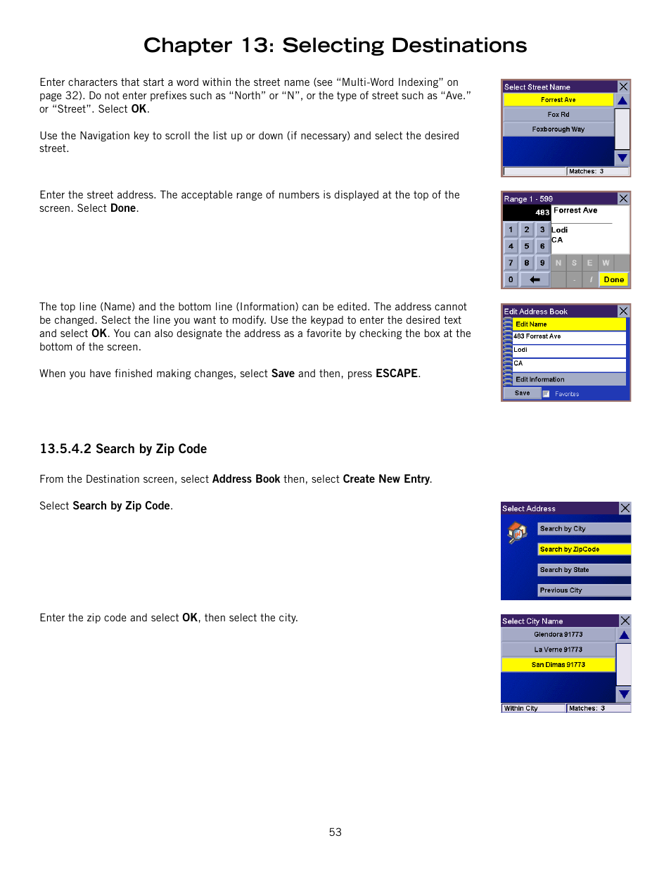 2 search by zip code, Search by zip code, Chapter 13: selecting destinations | Magellan 800 User Manual | Page 62 / 107