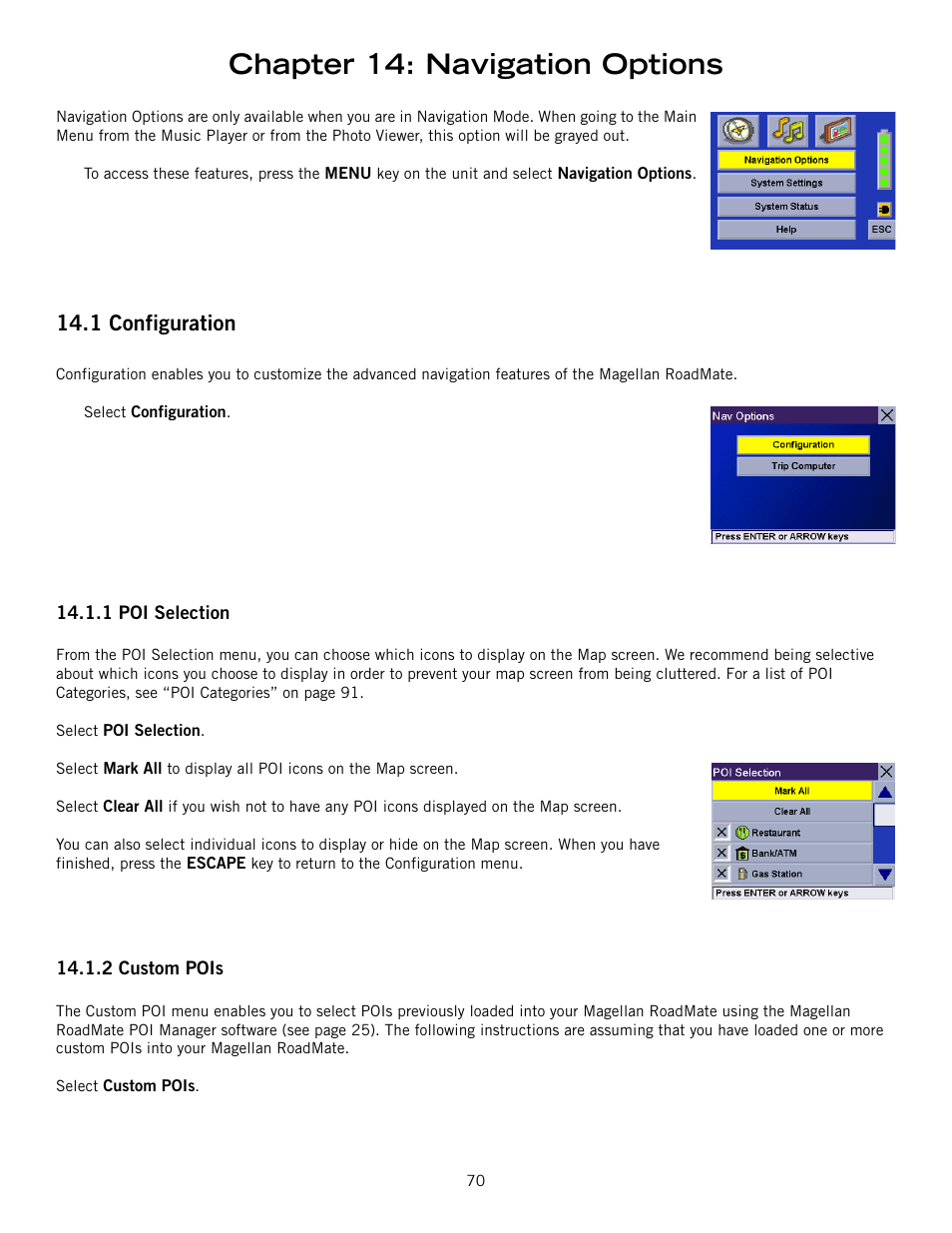 Chapter 14: navigation options, 1 configuration, 1 poi selection | 2 custom pois, Configuration, Poi selection custom pois | Magellan 800 User Manual | Page 79 / 107