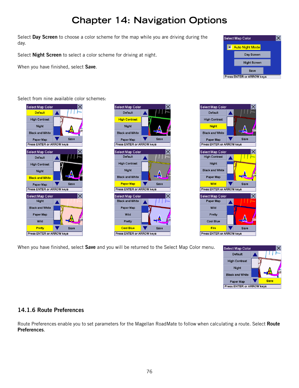 6 route preferences, Route preferences, Chapter 14: navigation options | Magellan 800 User Manual | Page 85 / 107