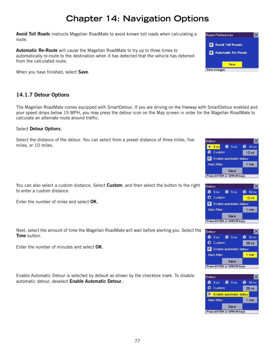 7 detour options, Detour options, Chapter 14: navigation options | Magellan 800 User Manual | Page 86 / 107