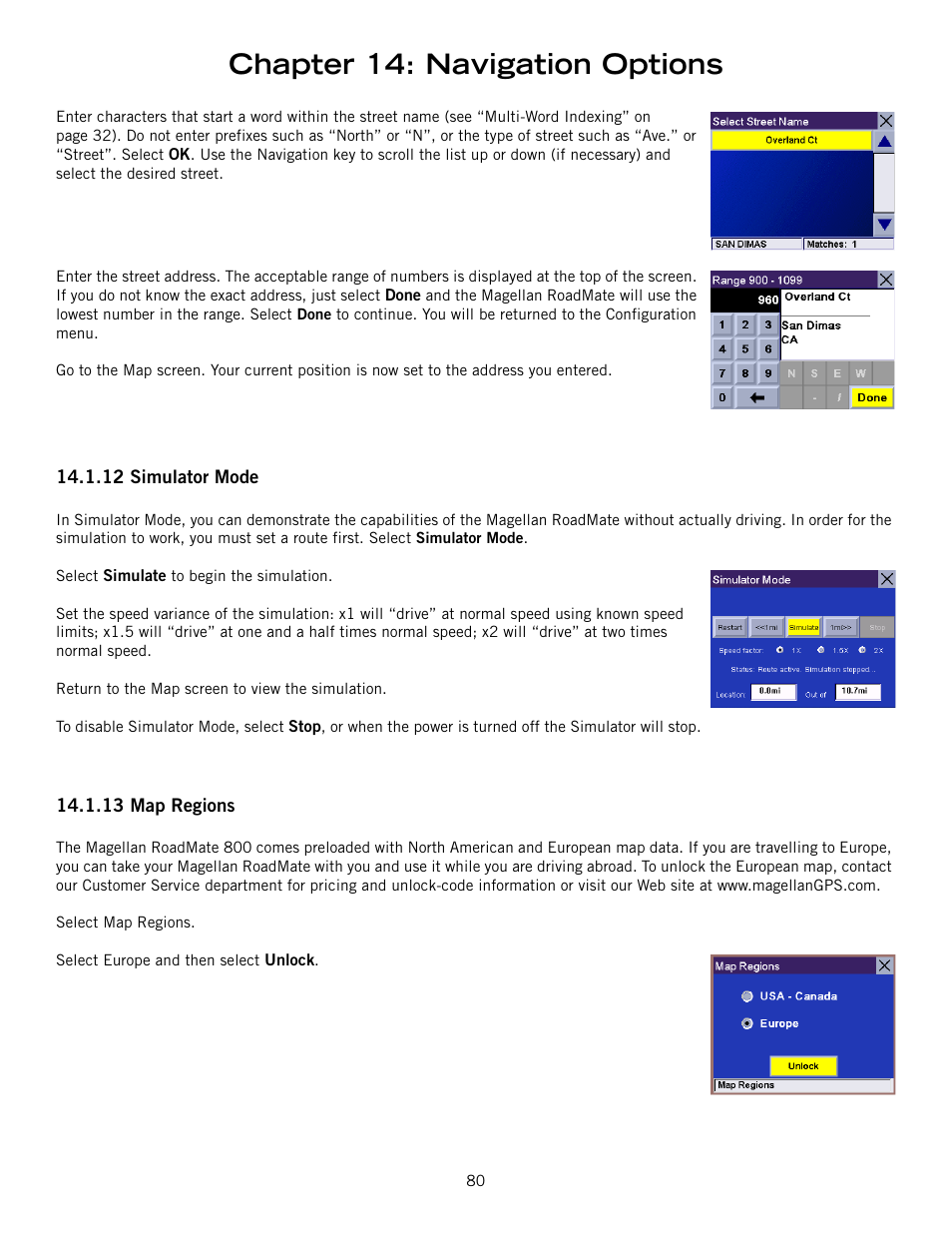 12 simulator mode, 13 map regions, Simulator mode map regions | Chapter 14: navigation options | Magellan 800 User Manual | Page 89 / 107