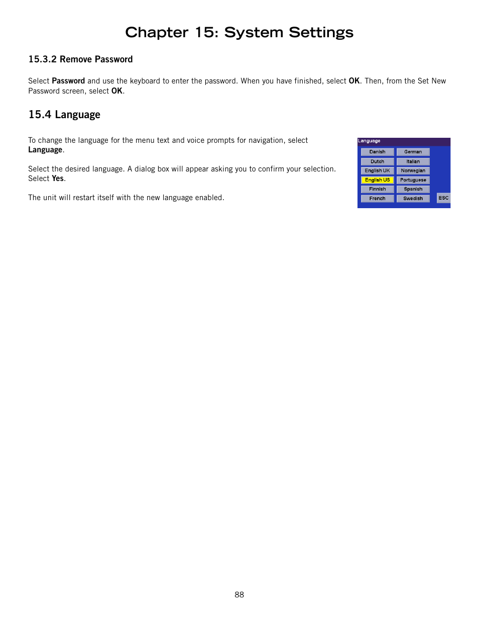 2 remove password, 4 language, Remove password | Language, Chapter 15: system settings | Magellan 800 User Manual | Page 97 / 107