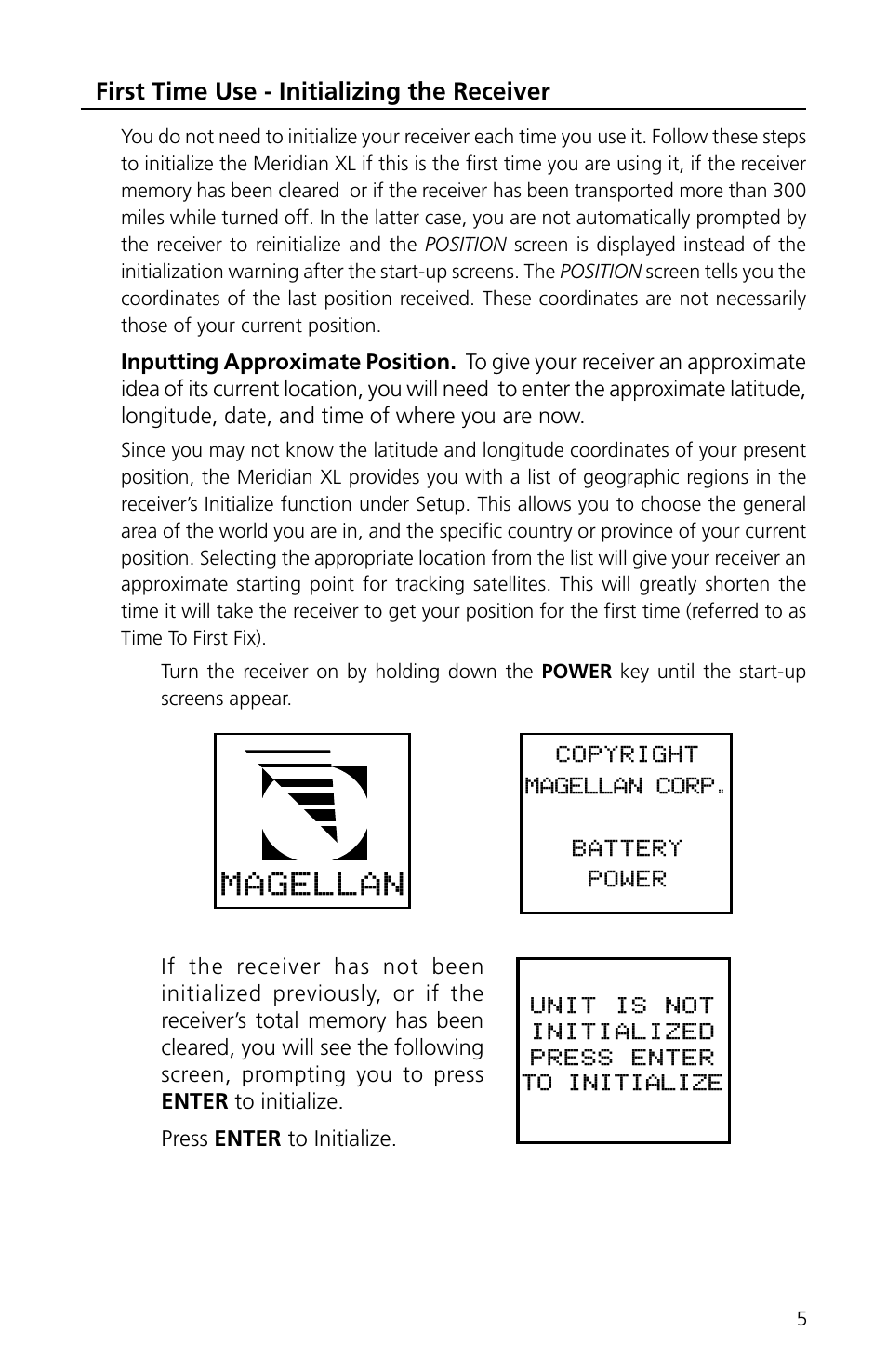 First time use - initializing the receiver, Magellan | Magellan eXplorist XL User Manual | Page 13 / 94