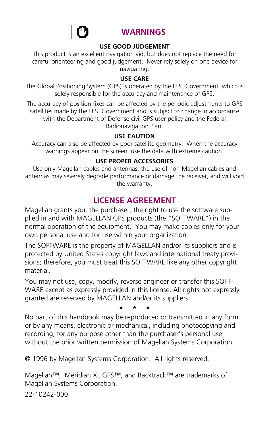 Warnings, License agreement | Magellan eXplorist XL User Manual | Page 2 / 94