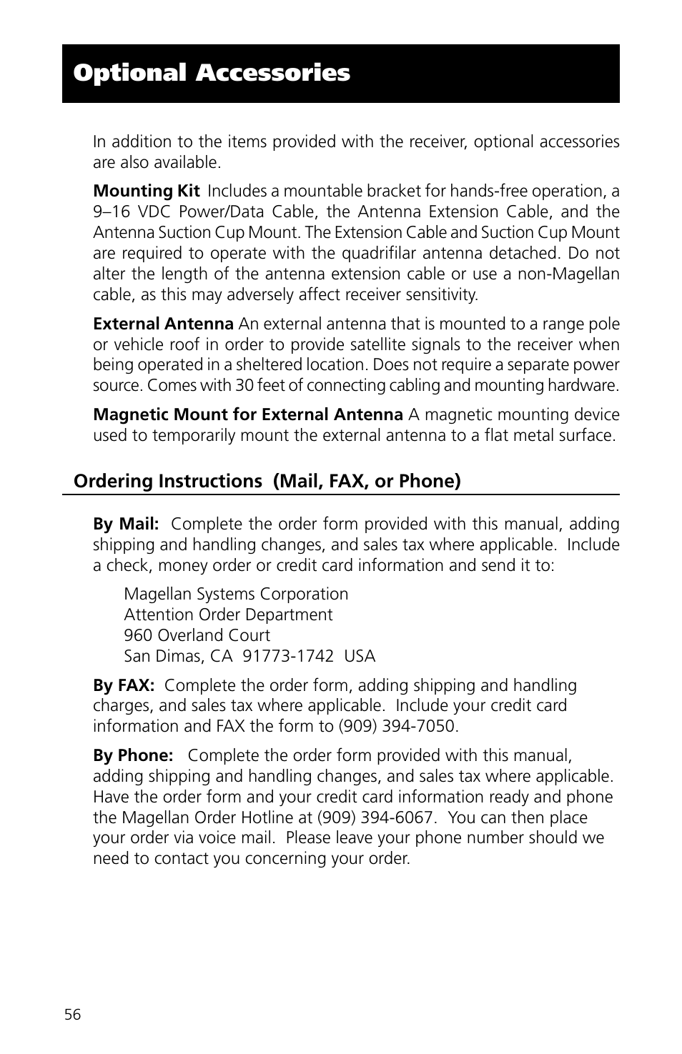 Appendix, Optional accessories | Magellan eXplorist XL User Manual | Page 64 / 94