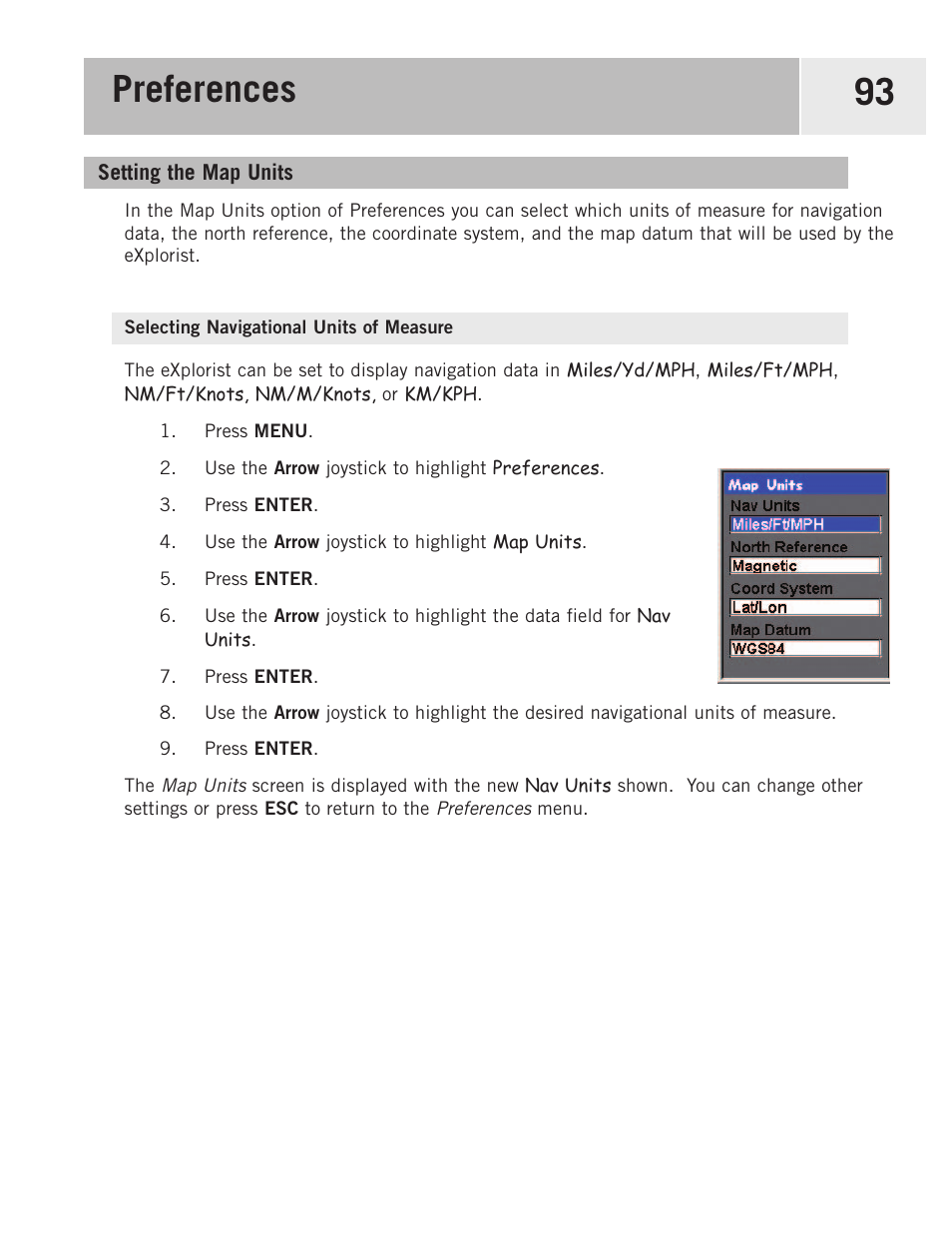 Setting the map units, Selecting navigational units of measure, Preferences 93 | Magellan eXplorist 500 User Manual | Page 100 / 119