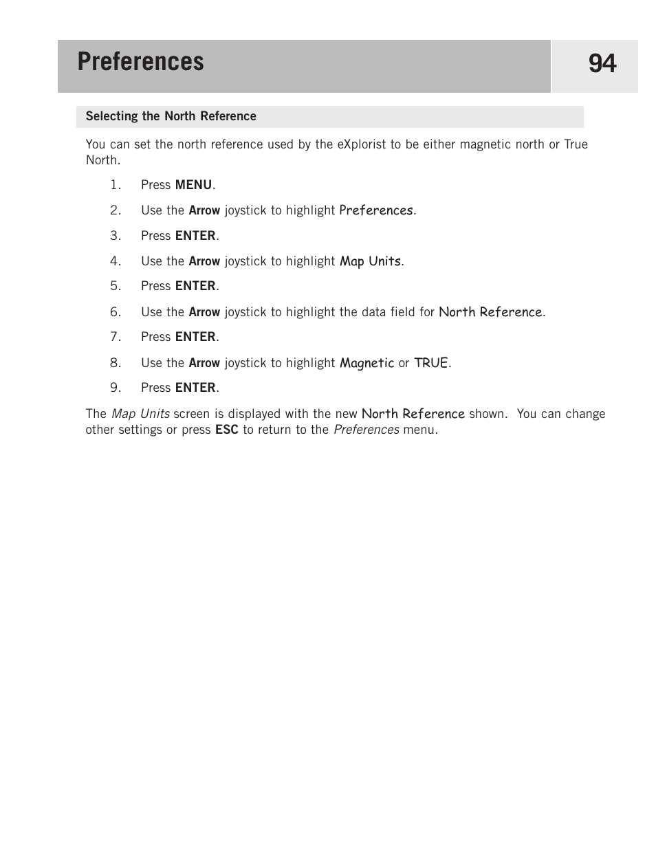 Selecting the north reference, Preferences 94 | Magellan eXplorist 500 User Manual | Page 101 / 119
