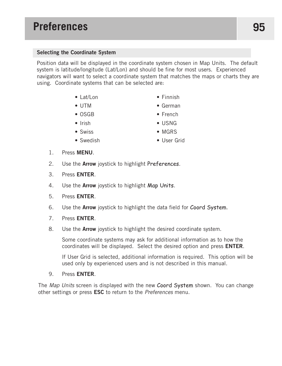 Selecting the coordinate system, Preferences 95 | Magellan eXplorist 500 User Manual | Page 102 / 119