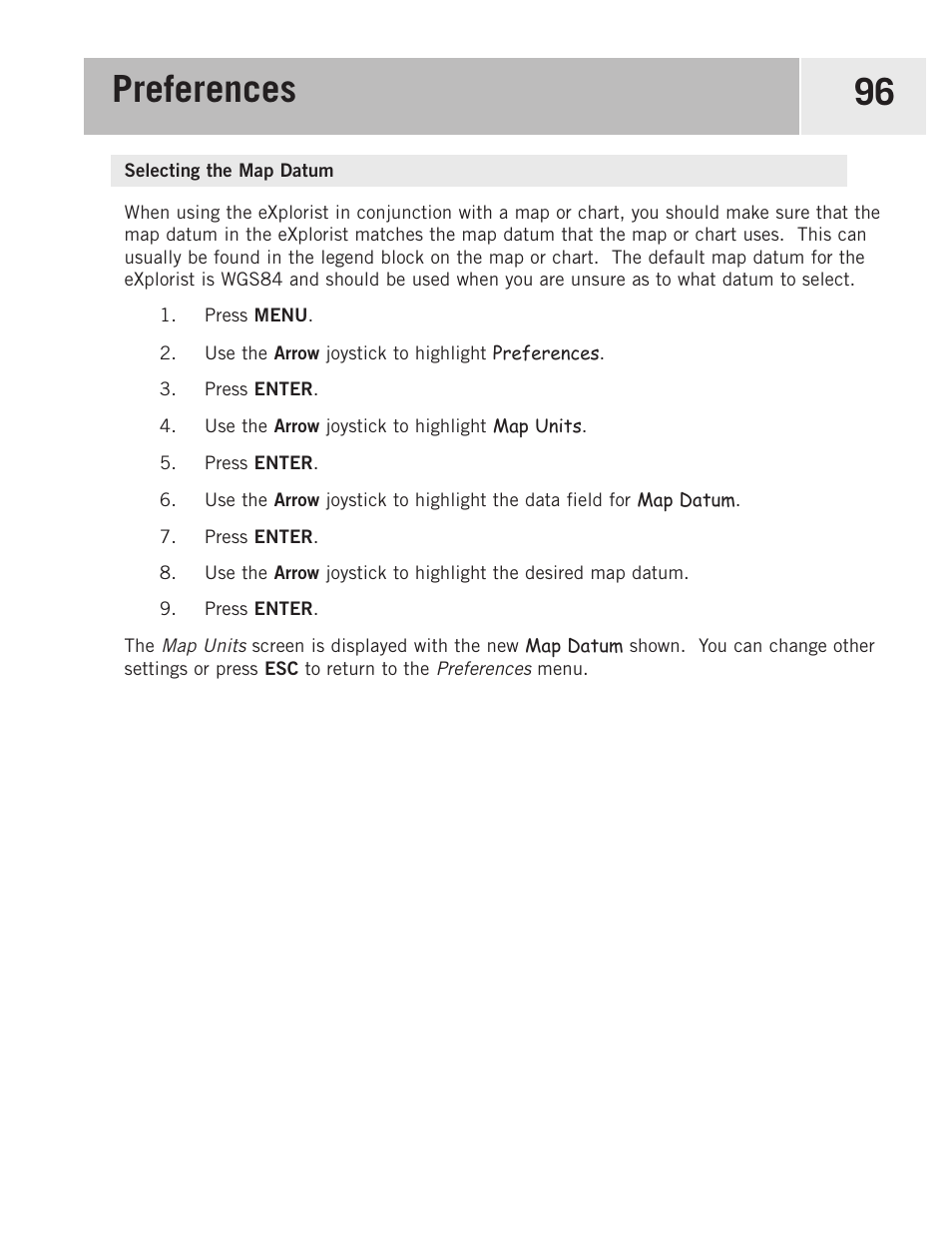 Selecting the map datum, Preferences 96 | Magellan eXplorist 500 User Manual | Page 103 / 119