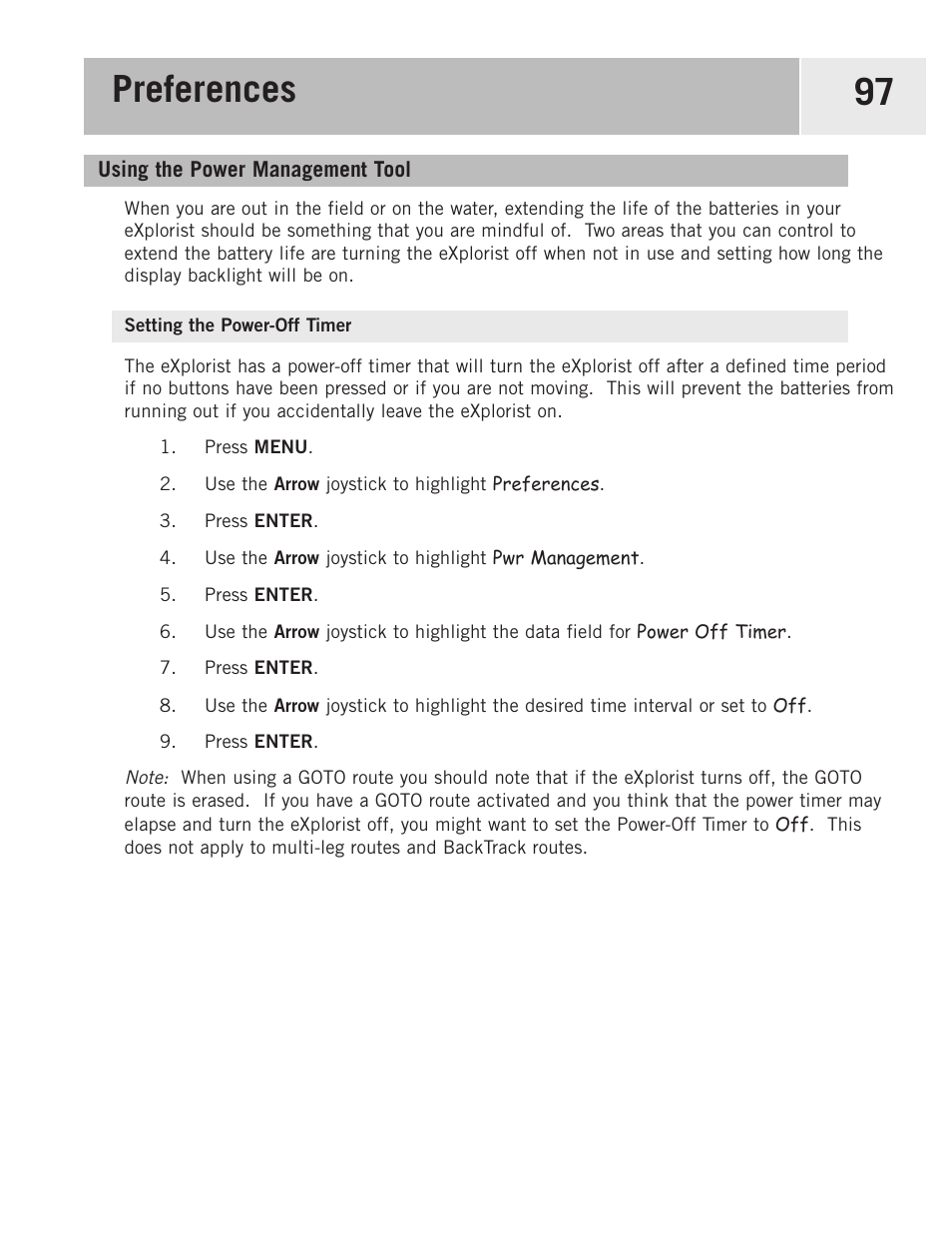 Using the power management tool, Setting the power-off timer, Preferences 97 | Magellan eXplorist 500 User Manual | Page 104 / 119