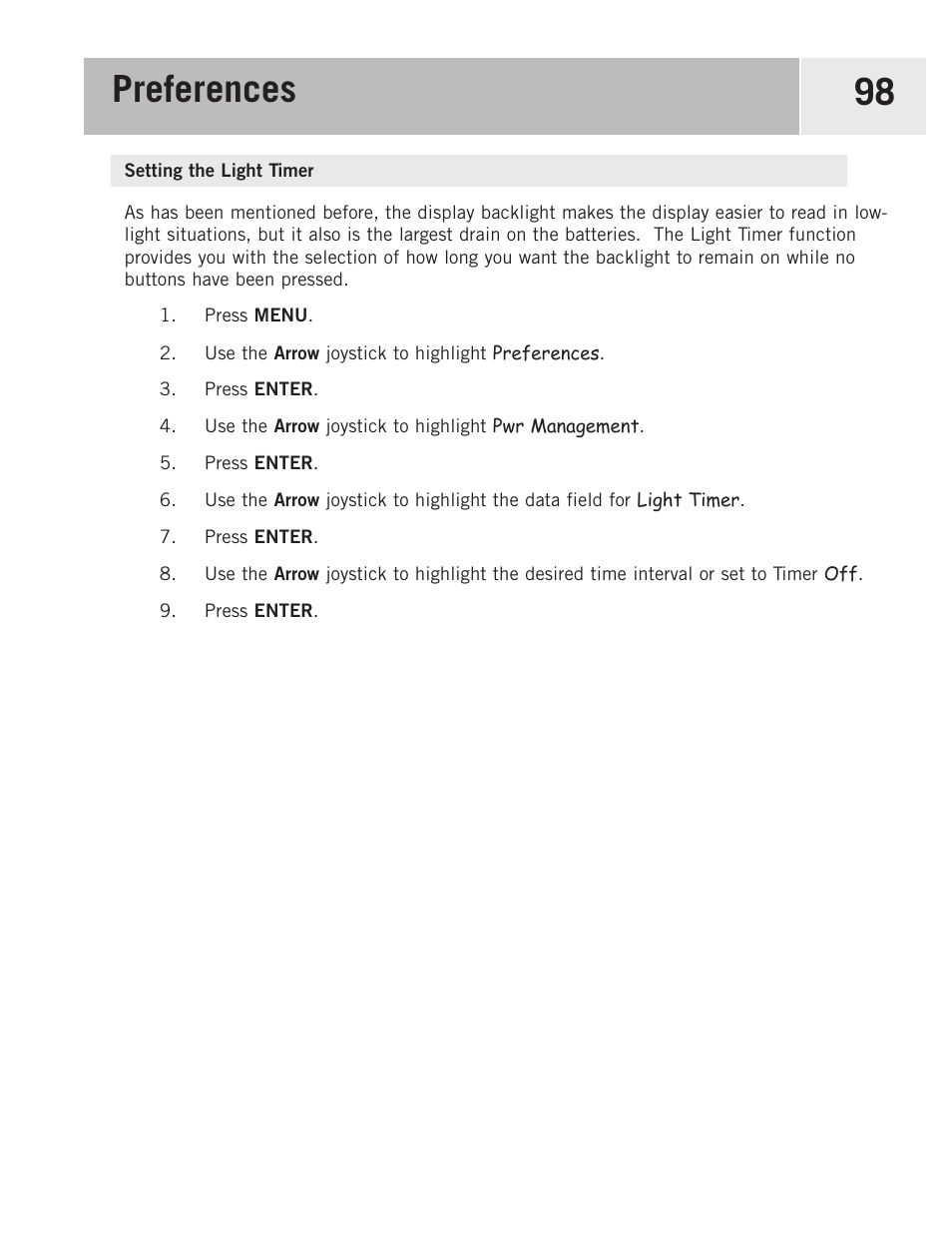 Setting the light timer, Preferences 98 | Magellan eXplorist 500 User Manual | Page 105 / 119