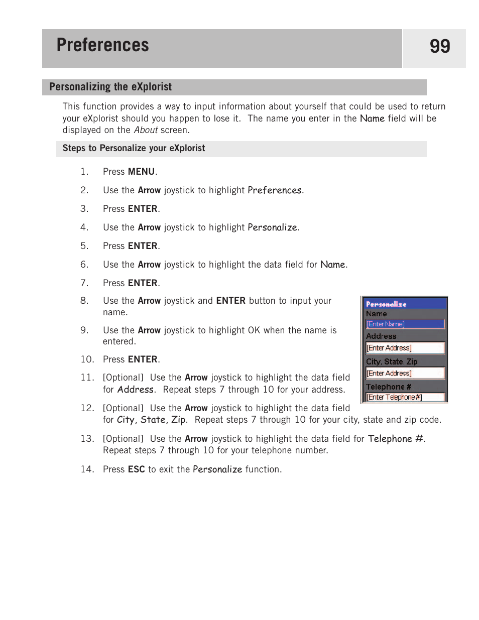 Personalizing the explorist, Steps to personalize your explorist, Preferences 99 | Magellan eXplorist 500 User Manual | Page 106 / 119
