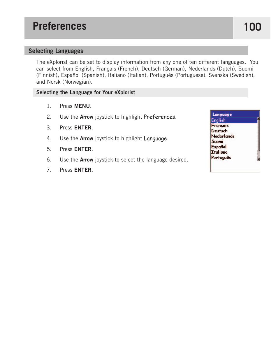 Selecting languages, Selecting the language for your explorist, Preferences 100 | Magellan eXplorist 500 User Manual | Page 107 / 119