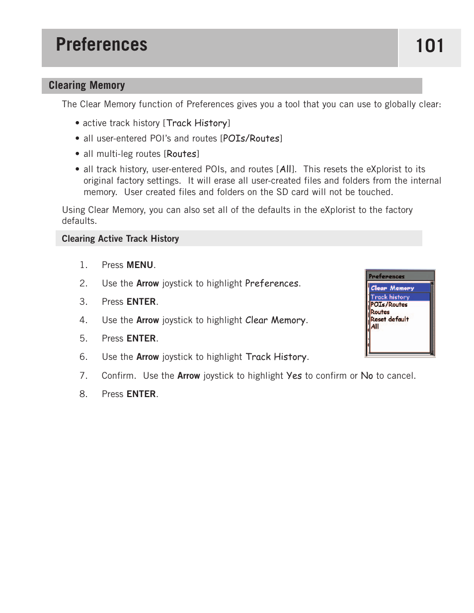 Clearing memory, Clearing active track history, Preferences 101 | Magellan eXplorist 500 User Manual | Page 108 / 119