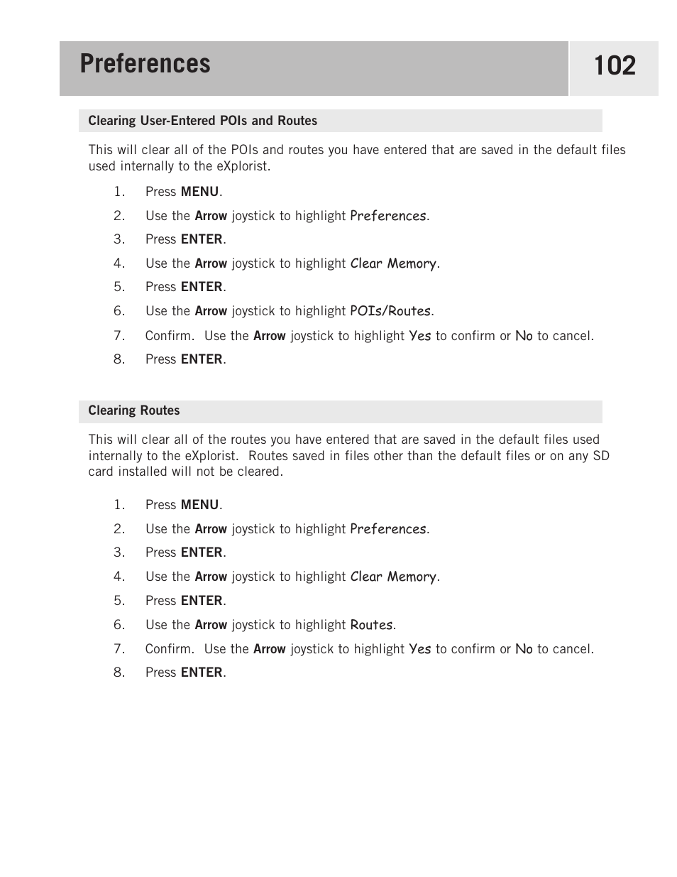Clearing user-entered pois and routes, Clearing routes, Preferences 102 | Magellan eXplorist 500 User Manual | Page 109 / 119