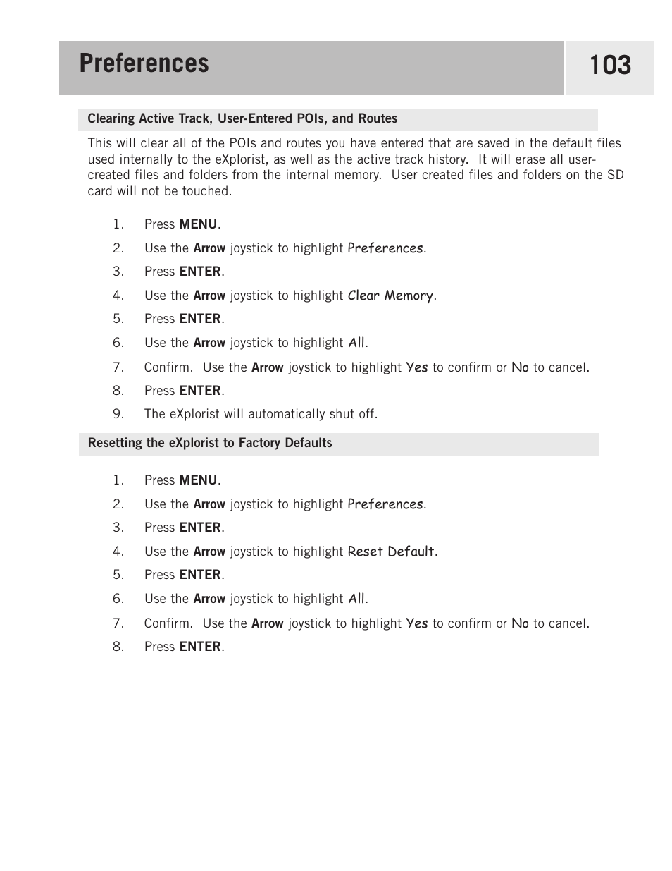 Resetting the explorist to factory defaults, Reseting the explorist to factory defaults, Preferences 103 | Magellan eXplorist 500 User Manual | Page 110 / 119
