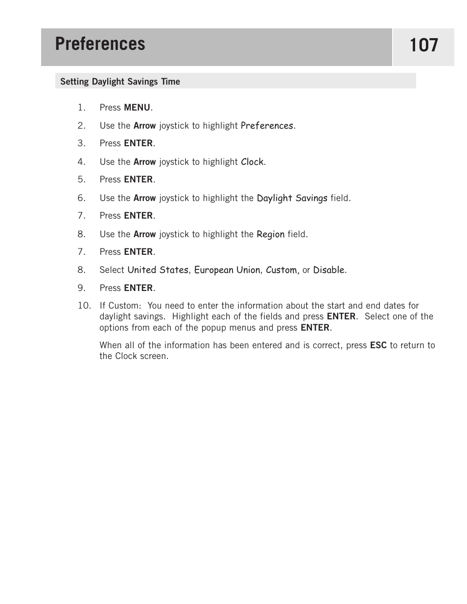 Setting daylight savings time, Preferences 107 | Magellan eXplorist 500 User Manual | Page 114 / 119