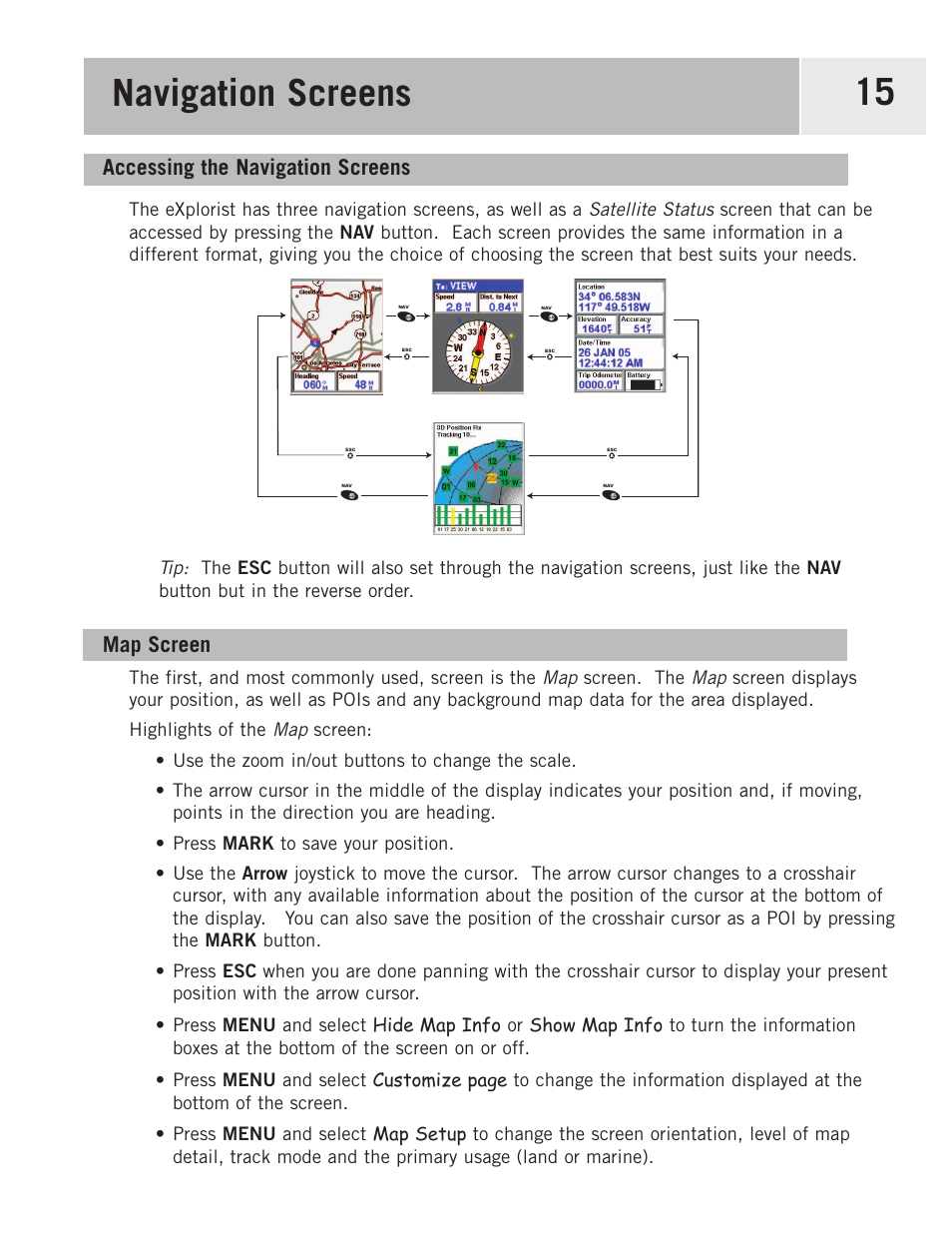 Navigation screens, Accessing the navigation screens, Map screen | Magellan eXplorist 500 User Manual | Page 22 / 119