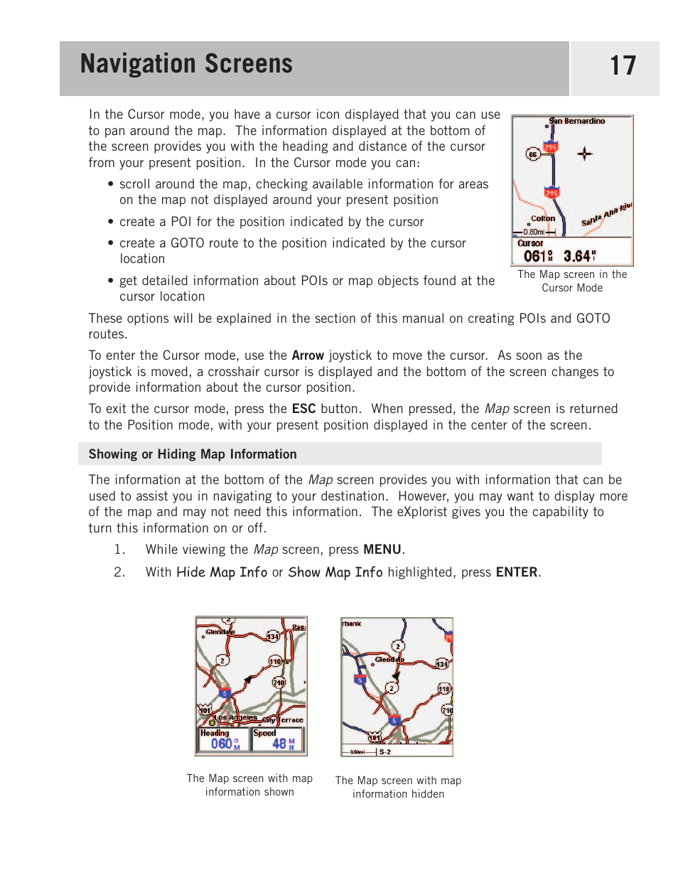 Showing or hiding map information, Navigation screens 17 | Magellan eXplorist 500 User Manual | Page 24 / 119