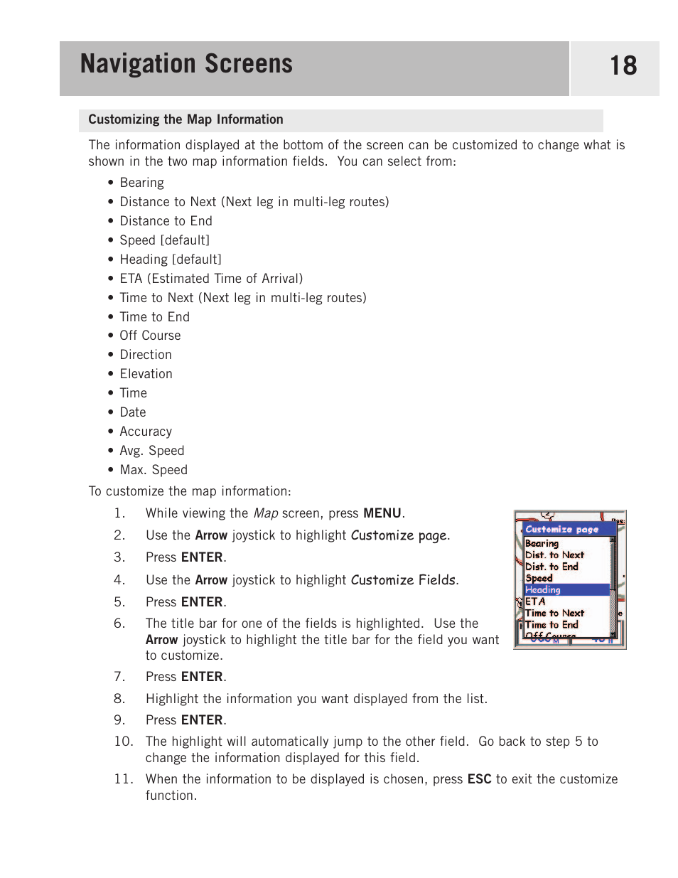 Customizing the map information, Navigation screens 18 | Magellan eXplorist 500 User Manual | Page 25 / 119