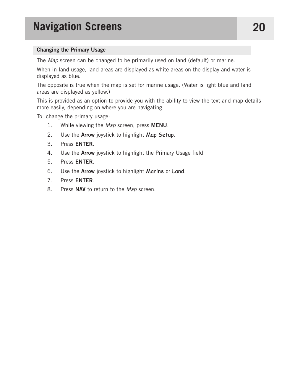 Changing the primary usage, Navigation screens 20 | Magellan eXplorist 500 User Manual | Page 27 / 119