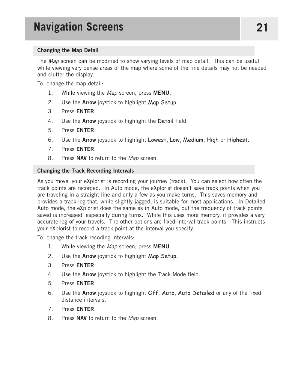 Changing the map detail, Changing the track recording intervals, Changing the track recording interval | Navigation screens 21 | Magellan eXplorist 500 User Manual | Page 28 / 119