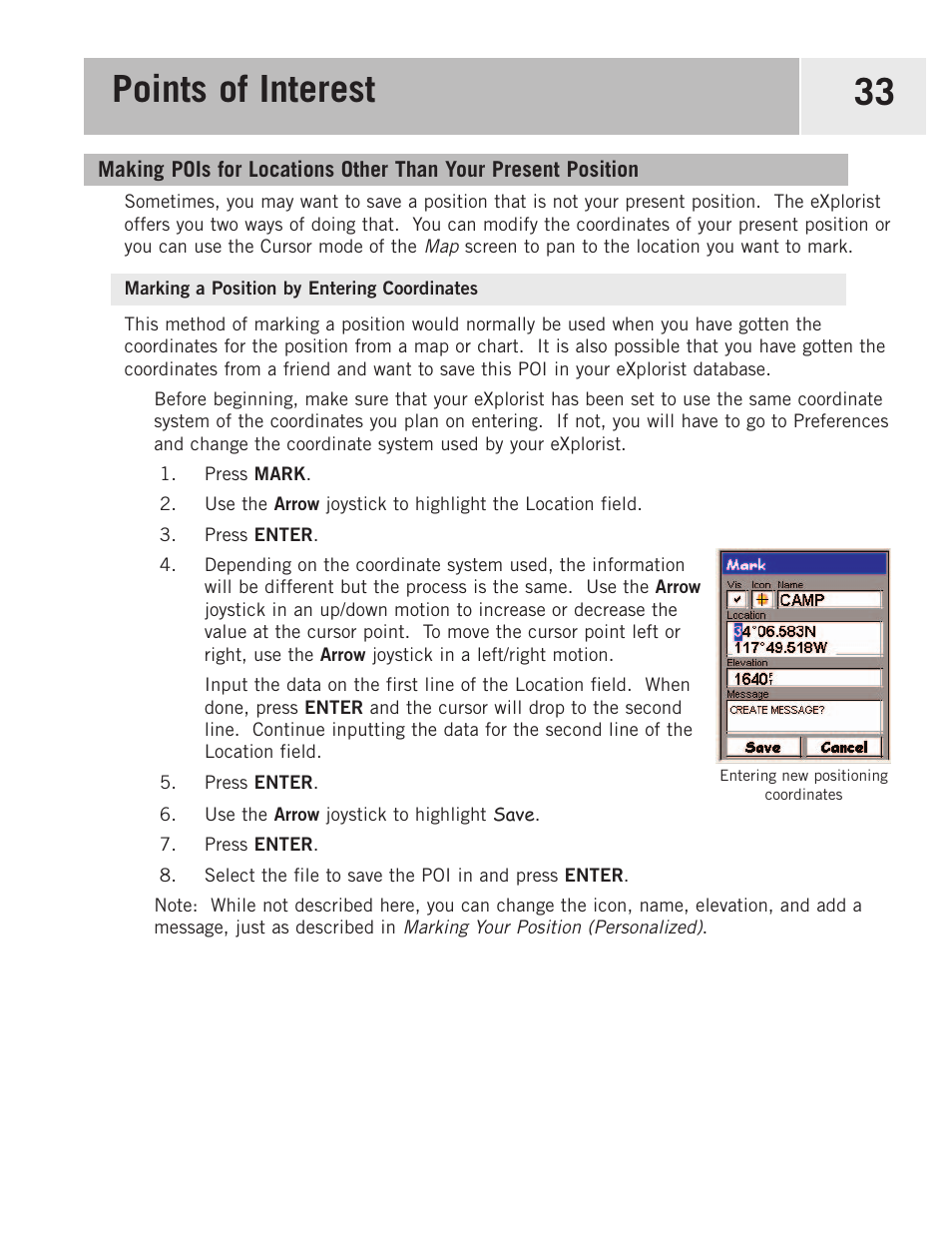 Marking a position by entering coordinates, Points of interest 33 | Magellan eXplorist 500 User Manual | Page 40 / 119